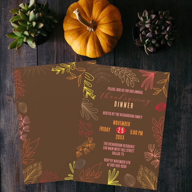 Invitation Dîner de Thanksgiving aux feuilles d'automne dessi (Créateur téléchargé)