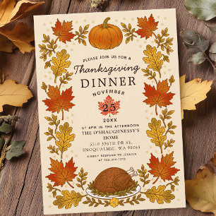 Invitation Dîner de Thanksgiving aux feuilles d'automne rusti