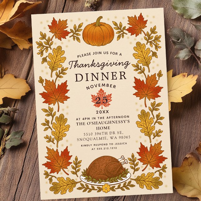 Invitation Dîner de Thanksgiving aux feuilles d'automne rusti (Créateur téléchargé)