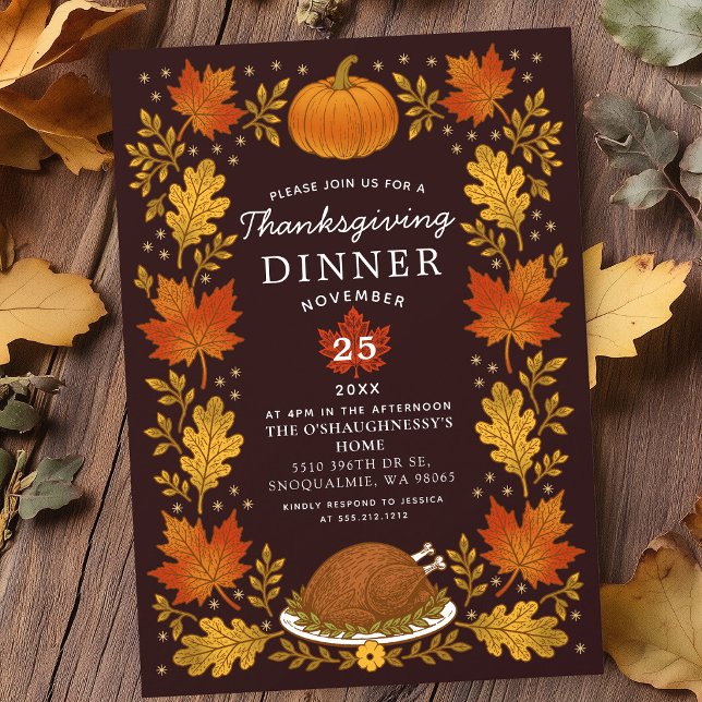 Invitation Dîner de Thanksgiving aux feuilles d'automne rusti (Créateur téléchargé)