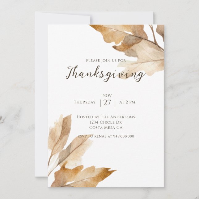 Invitation Dîner de Thanksgiving aux feuilles rustiques éléga (Devant)