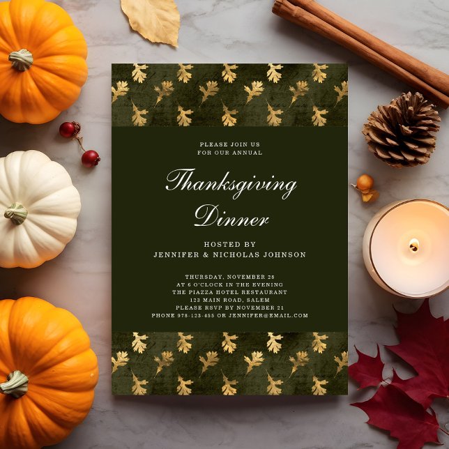 Invitation Dîner de Thanksgiving aux feuilles vertes élégante (Elegant Green Fall Leaves Thanksgiving Dinner Invitation)