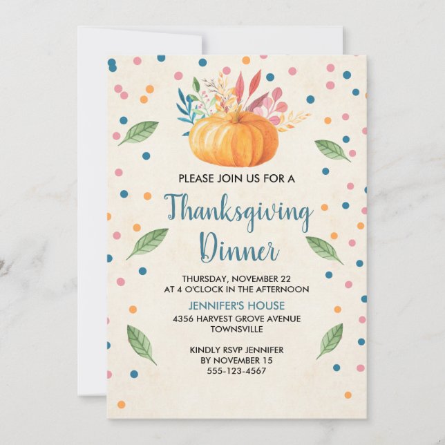Invitation Dîner de Thanksgiving avec citrouille à l'aquarell (Devant)