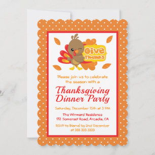 Invitation Dîner de Thanksgiving avec un dindon mignon