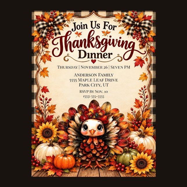 Invitation Dîner de Thanksgiving avec un dindon mignon (Cute Turkey Thanksgiving Dinner Invitation)