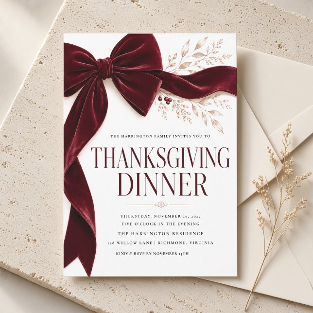 Invitation Dîner de Thanksgiving avec un nœud bourguignon (Créateur téléchargé)