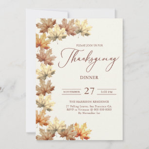 Invitation Dîner de Thanksgiving beige feuilles d'automne