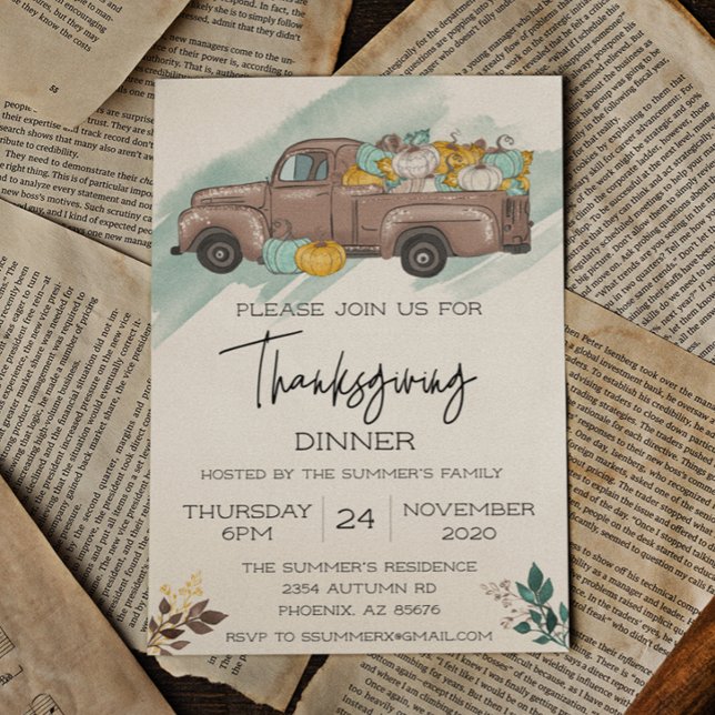 Invitation Dîner de Thanksgiving Camion Citrouille Aquarelle (Créateur téléchargé)