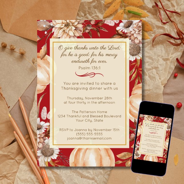 Invitation Dîner de Thanksgiving chrétien Psaume rustique 136 (Créateur téléchargé)