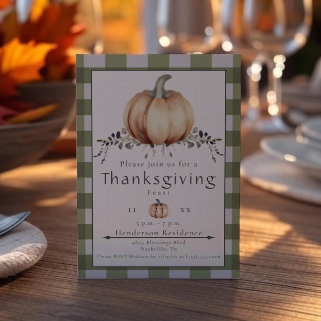 Invitation Dîner de Thanksgiving Citrouille aquarelle | Green (Green Watercolor Pumpkin Thanksgiving Dinner Invitation)
