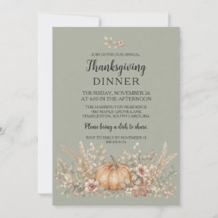Invitation Dîner de Thanksgiving Citrouille Aquarelle Vert Sa