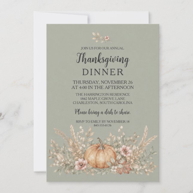 Invitation Dîner de Thanksgiving Citrouille Aquarelle Vert Sa (Devant)