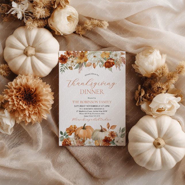 Invitation Dîner de Thanksgiving Citrouille Feuilles d'automn (Thanksgiving Dinner Invitation with pumpkins and fall leaves in earthy tones.)