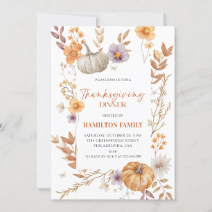 Invitation Dîner de Thanksgiving Citrouille Floral Élégant 