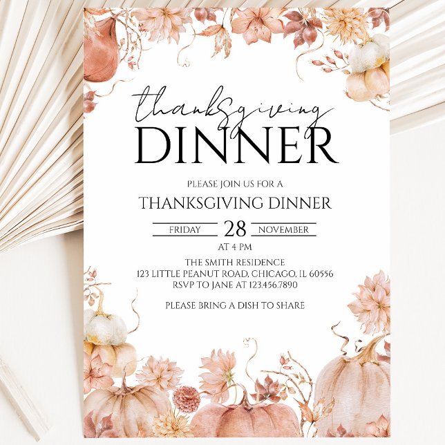 Invitation Dîner de Thanksgiving Citrouille Floral Rustique (Créateur téléchargé)