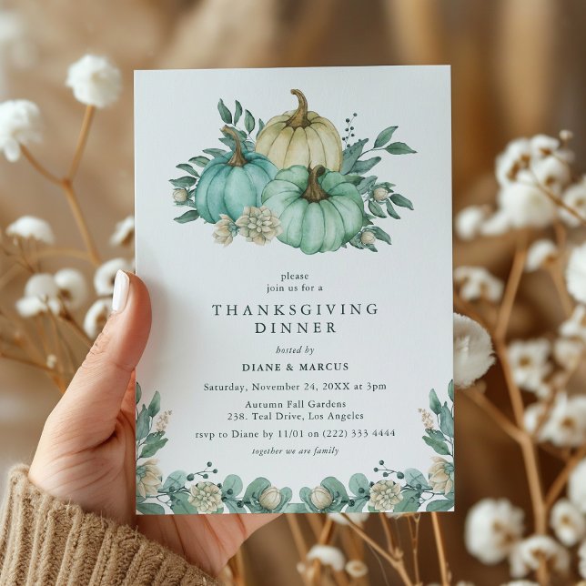 Invitation Dîner de Thanksgiving Citrouille Floral Sarcelle (Créateur téléchargé)