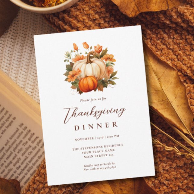 Invitation Dîner de Thanksgiving Citrouille Floral Script Bla (Créateur téléchargé)