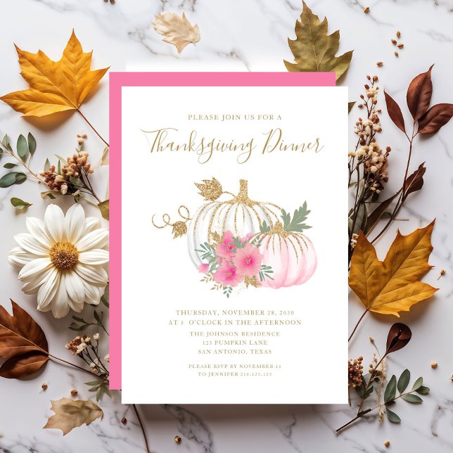 Invitation Dîner de Thanksgiving Citrouille Florale Rose Mign (Cute Pink Floral Pumpkin Thanksgiving Dinner Invitation)