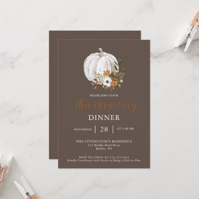 Invitation Dîner de Thanksgiving citrouille Flower (Devant/Arrière en situation)