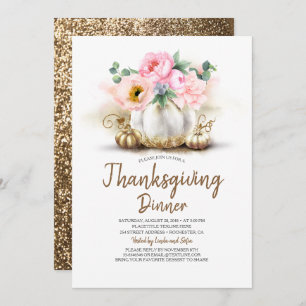 Invitation Dîner de Thanksgiving Citrouille rose Floral Gold