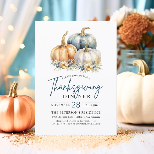 Invitation Dîner de Thanksgiving Citrouilles Blue Orange Gold (Thanksgiving Dinner Blue Orange Gold Pumpkins Flowers Invitation)