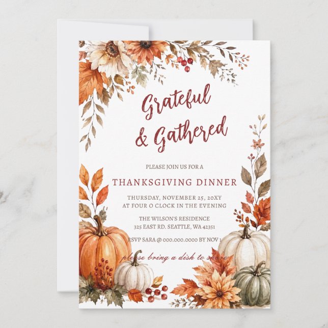 Invitation Dîner de Thanksgiving Citrouilles Florales Automne (Devant)