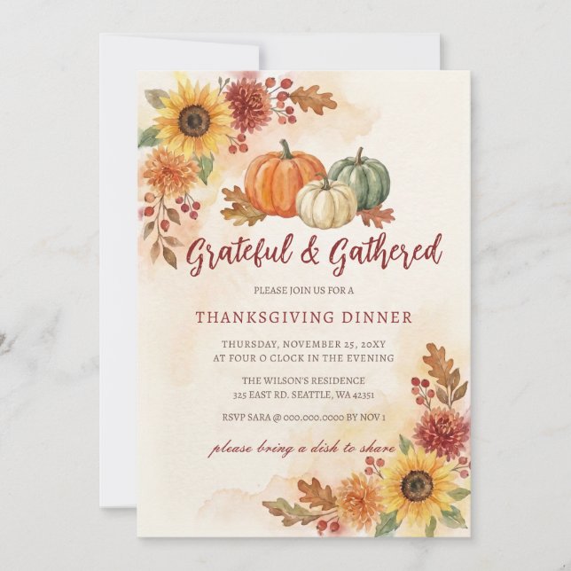 Invitation Dîner de Thanksgiving Citrouilles Florales Automne (Devant)