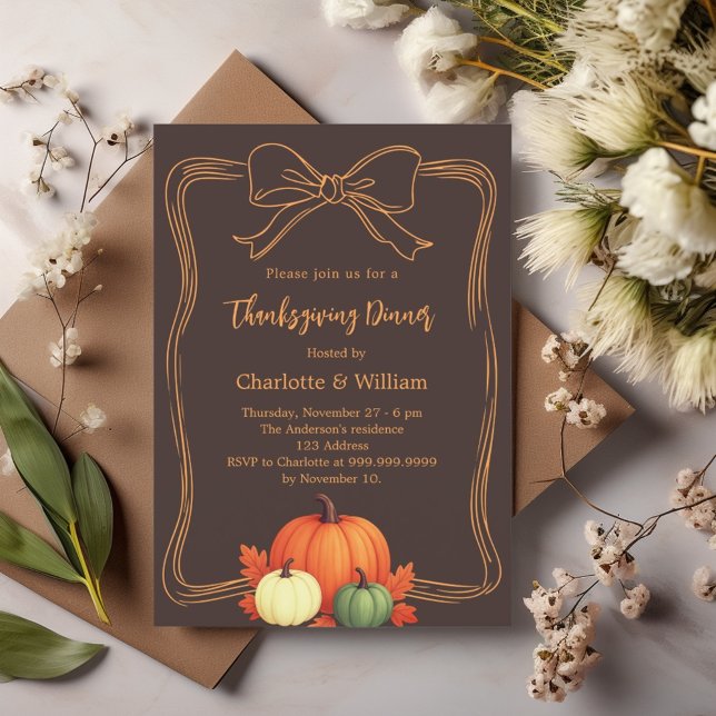 Invitation dîner de Thanksgiving citrouilles nœud brun bistre (Créateur téléchargé)