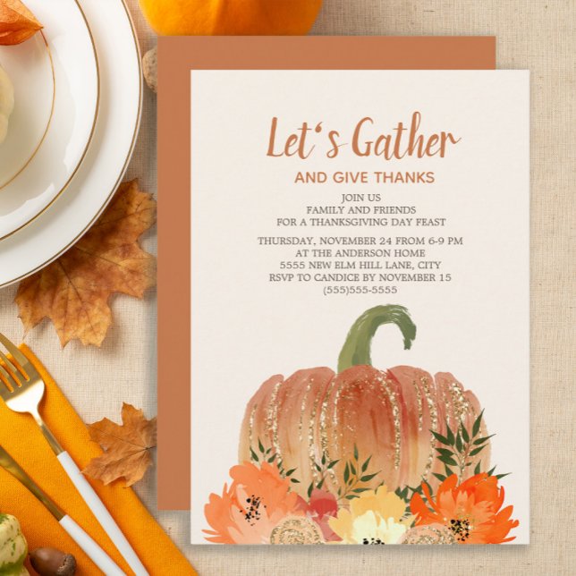 Invitation Dîner de Thanksgiving Citrouilles oranges Or vert (Autumn/fall pumpkins Thanksgiving dinner invitation)