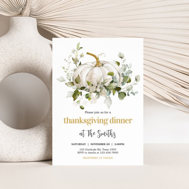 Invitation Dîner de Thanksgiving d'automne de citrouille blan (White Pumpkin Thanksgiving Dinner Party Invitation)