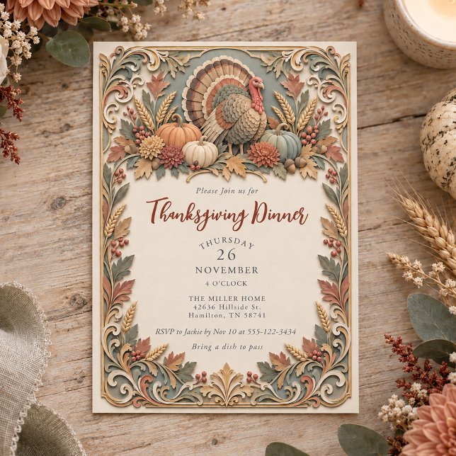 Invitation Dîner de Thanksgiving de dinde à effet de papier e (Layered Paper Effect Turkey Thanksgiving Dinner Invitation)