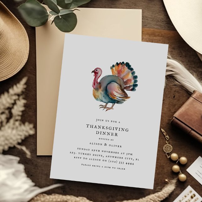 Invitation Dîner de Thanksgiving de dinde à l'aquarelle minim (Créateur téléchargé)