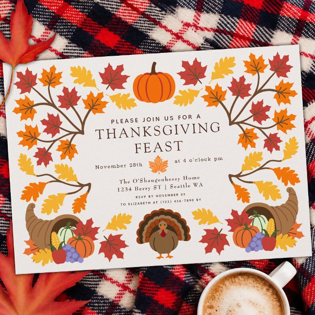 Invitation Dîner de Thanksgiving de dinde aux couleurs automn (Créateur téléchargé)