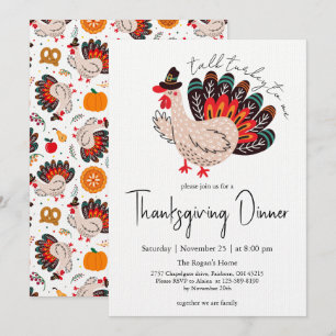 Invitation Dîner de Thanksgiving de dinde mignonne colorée