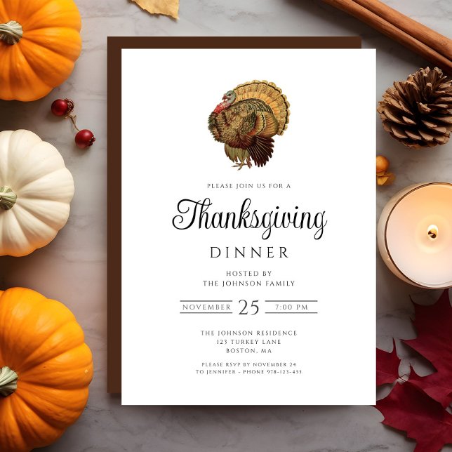 Invitation Dîner de Thanksgiving de dinde vintage (Elegant Turkey Thanksgiving Dinner Invitation)