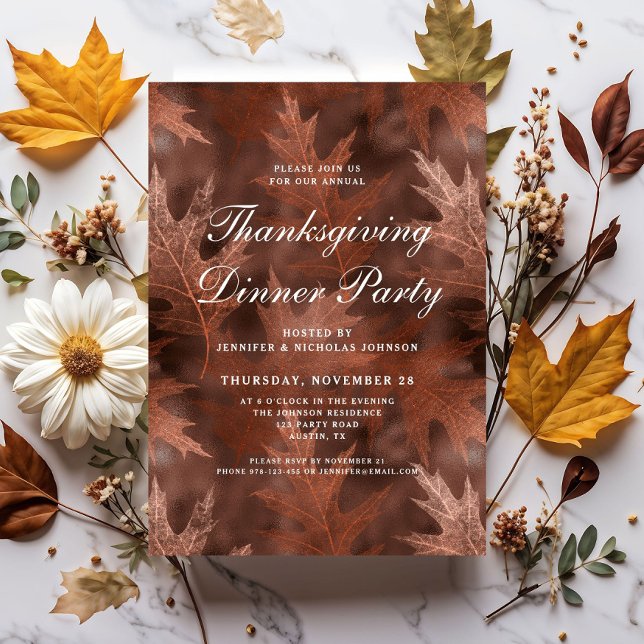 Invitation Dîner de Thanksgiving de fête élégante avec feuill (Elegant Fall Leaves Thanksgiving Dinner Party Invitation)