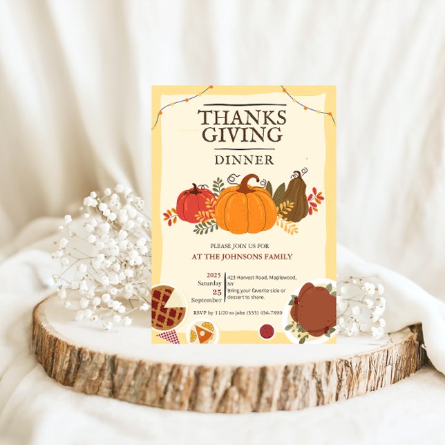 Invitation Dîner de Thanksgiving de la dinde rustique à la ci (Rustic Turkey Pumpkin Thanksgiving Dinner Fall Invitation whimsical leaves fall autumn dinner party )