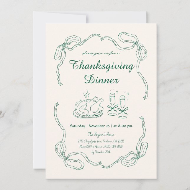 Invitation Dîner de Thanksgiving Dessin à Main Doodle Fantais (Devant)