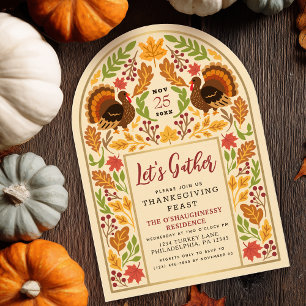 Invitation Dîner de Thanksgiving Dinde & Arche de feuilles d'