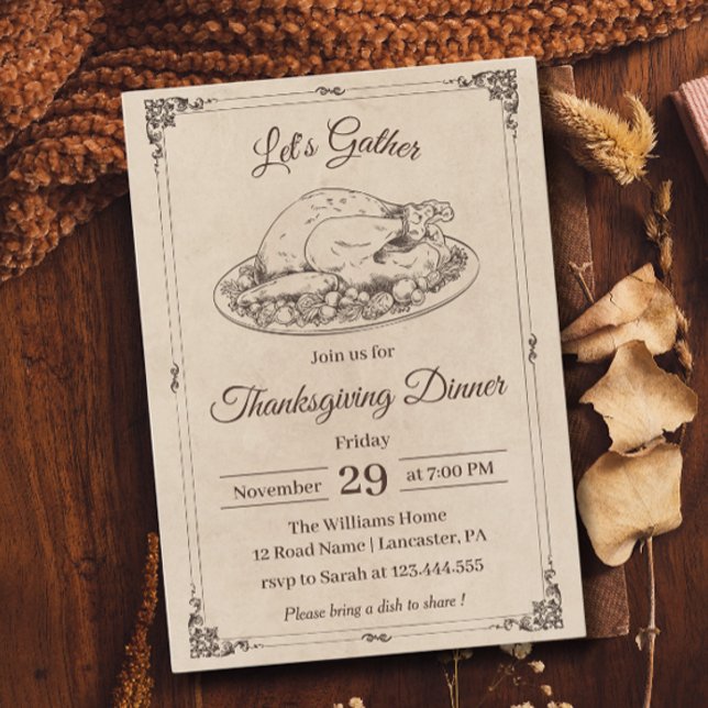 Invitation Dîner de Thanksgiving Dinde Rustique Vintage Autom (Créateur téléchargé)