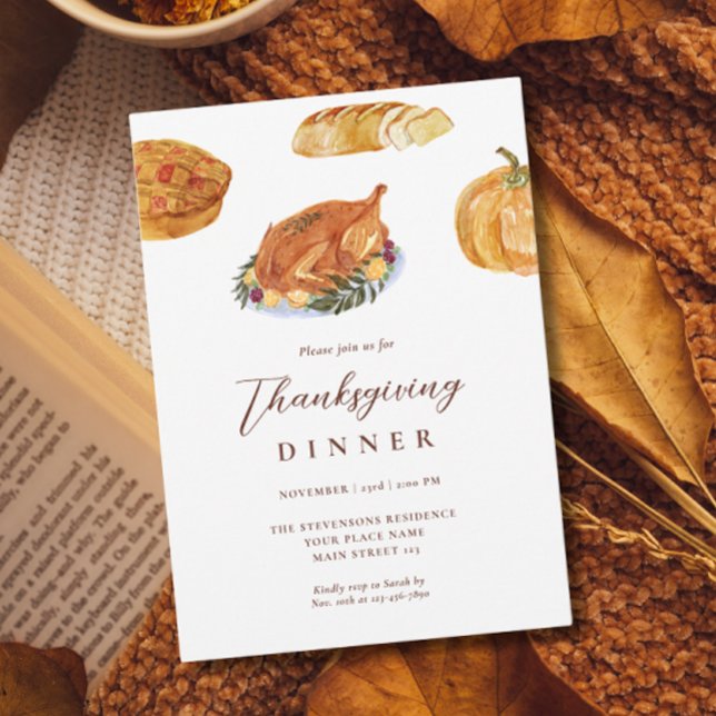 Invitation Dîner de Thanksgiving dinde & tarte aquarelle rust (Créateur téléchargé)