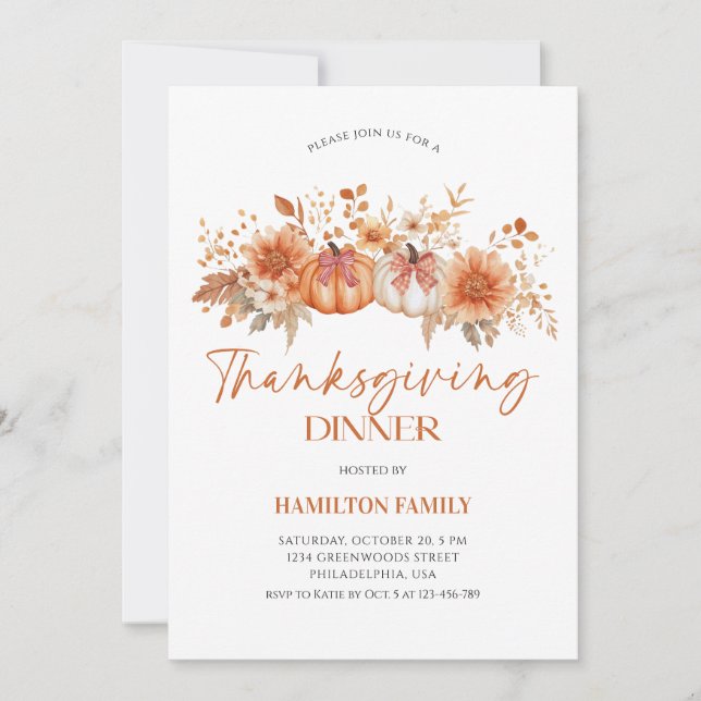 Invitation Dîner de Thanksgiving élégant à la citrouille flor (Devant)