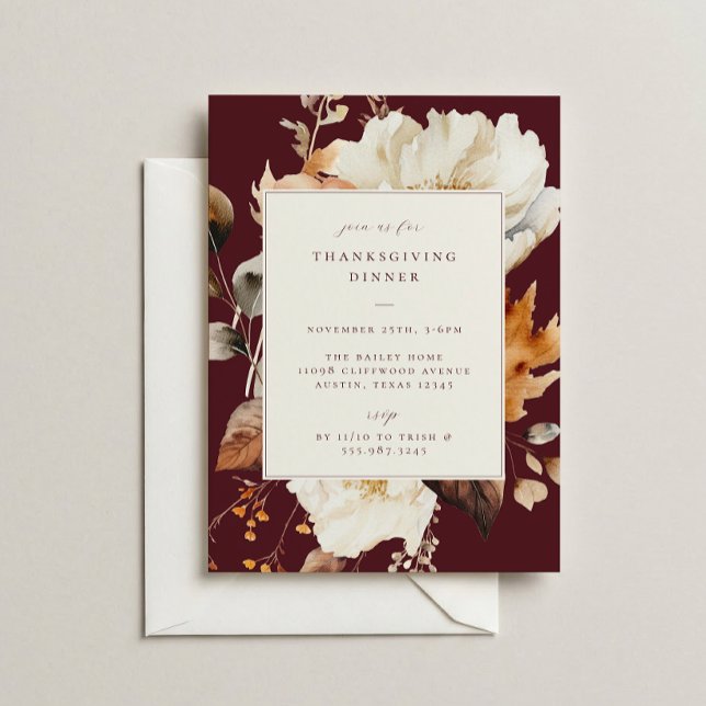 Invitation Dîner de Thanksgiving élégant avec fleurs d'automn (Créateur téléchargé)