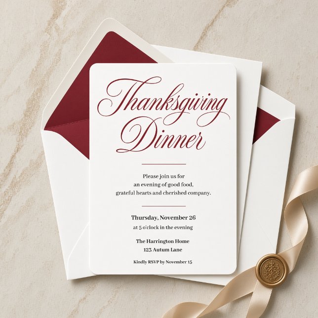 Invitation Dîner de Thanksgiving élégant écriture bordeaux (Créateur téléchargé)