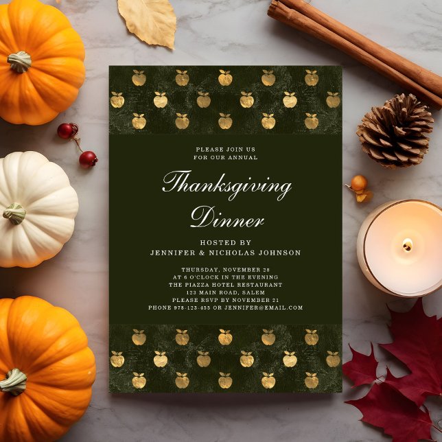 Invitation Dîner de Thanksgiving élégant et vert (Elegant Green Thanksgiving Dinner Party Invitation)