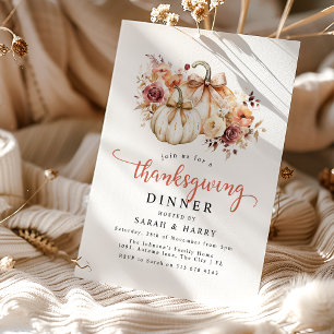 Invitation Dîner de Thanksgiving Élégant Floral & Citrouilles
