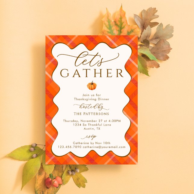 Invitation Dîner de Thanksgiving élégant orange et carreaux d (Créateur téléchargé)