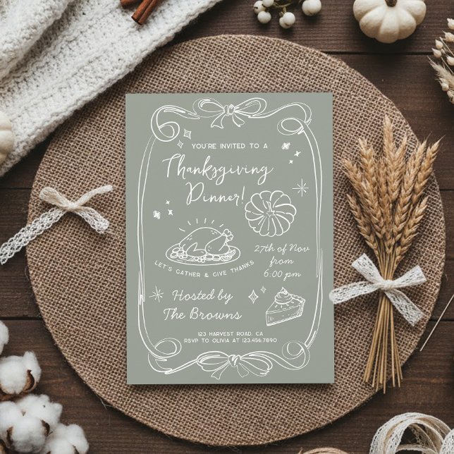 Invitation Dîner de Thanksgiving élégant vert sauge (Créateur téléchargé)