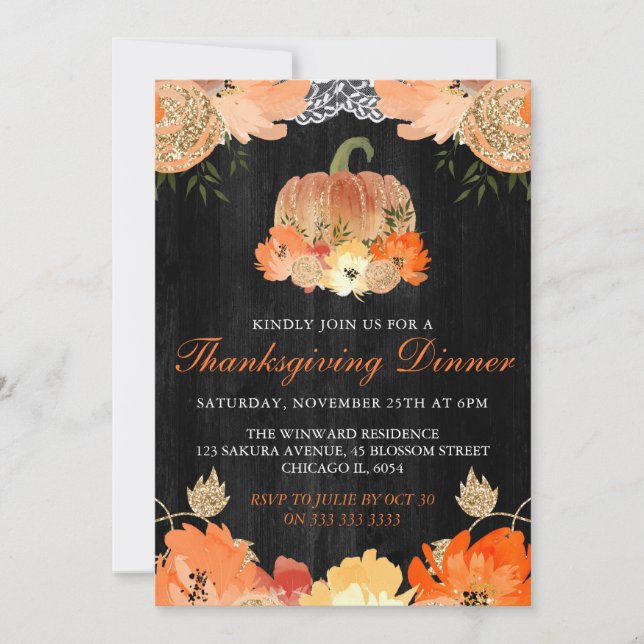 Invitation Dîner de Thanksgiving en bois de citrouille à l'aq (Devant)