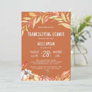 Invitation Dîner de Thanksgiving Feuillage Doré Citrouille d'
